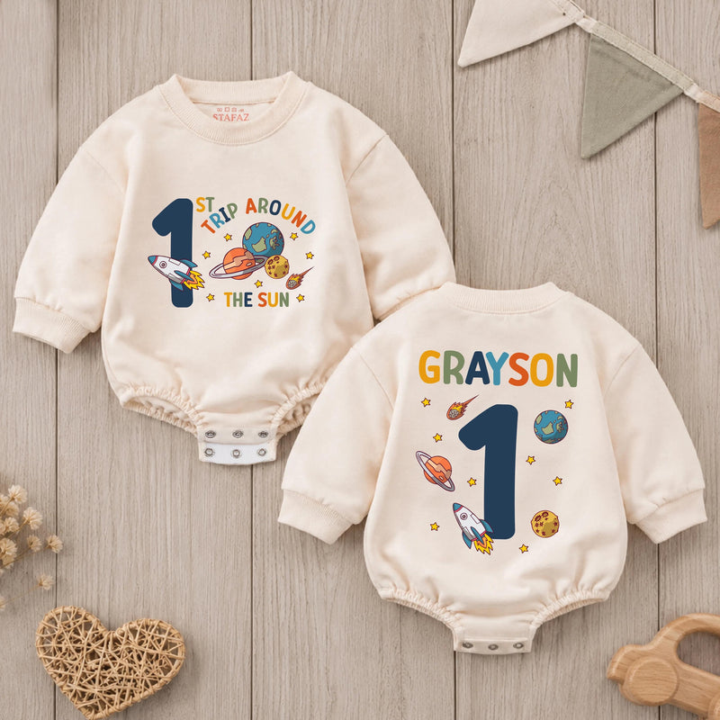 Personalized First Trip Around The Sun Baby Romper Space 1st Birthday Outfit Boy Soft Cotton Clothes Custom Name Design