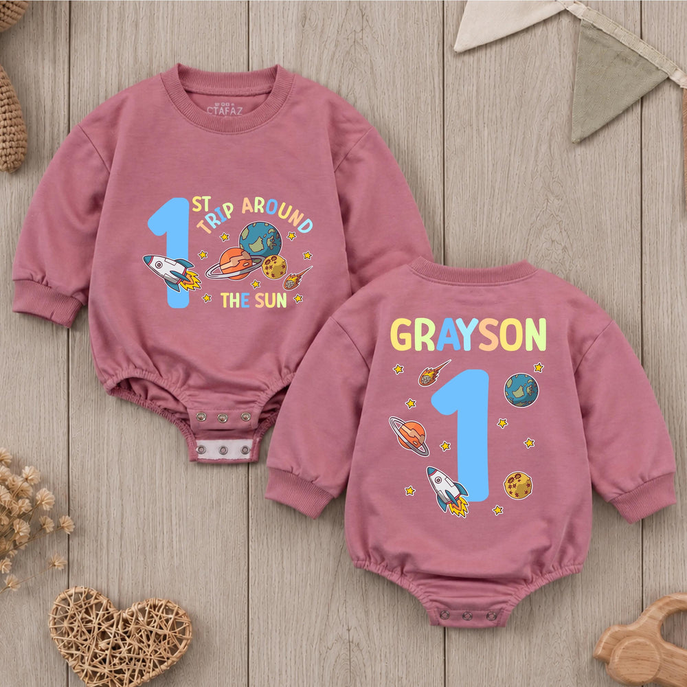 Personalized First Trip Around The Sun Baby Romper Space 1st Birthday Outfit Boy Soft Cotton Clothes Custom Name Design