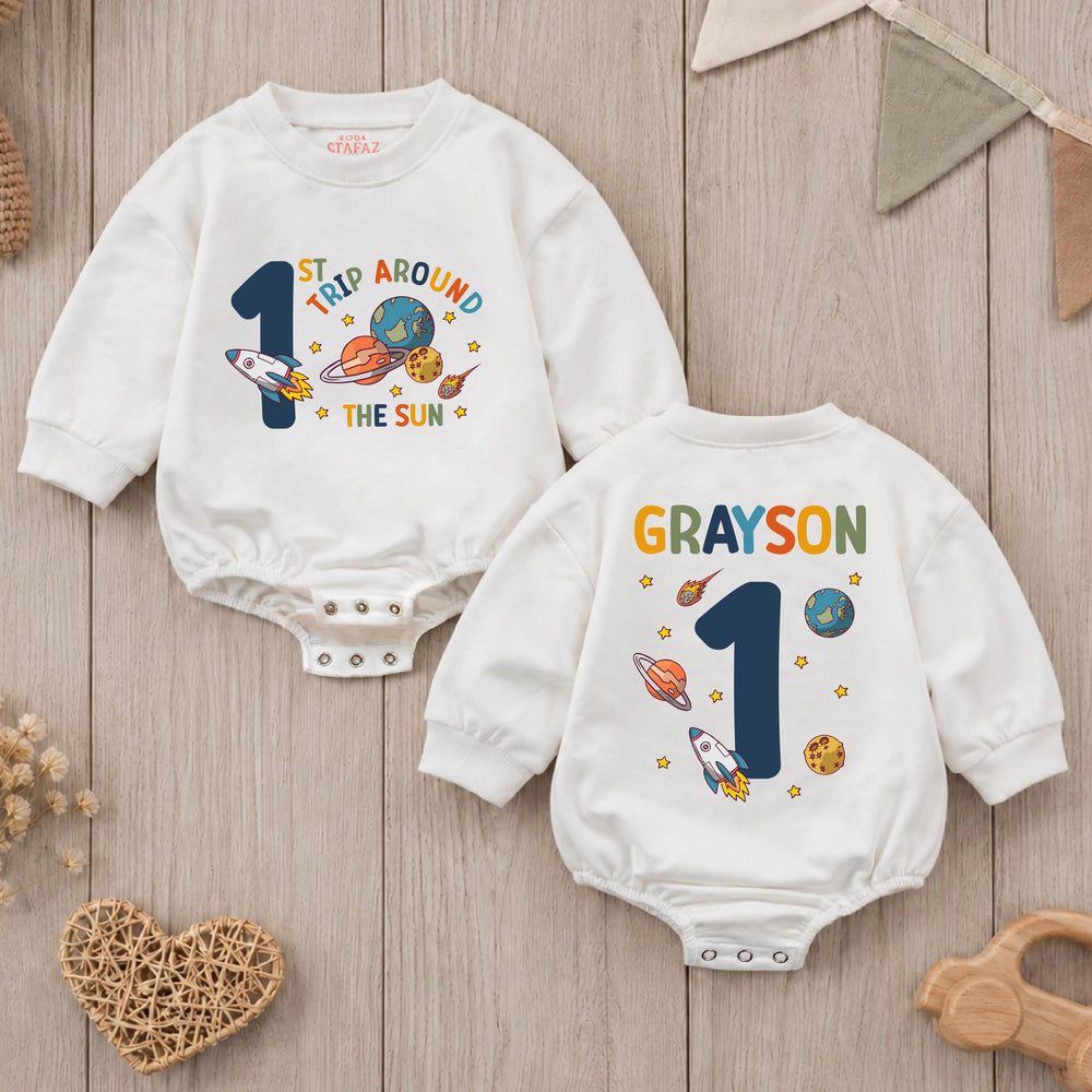 Personalized First Trip Around The Sun Baby Romper Space 1st Birthday Outfit Boy Soft Cotton Clothes Custom Name Design