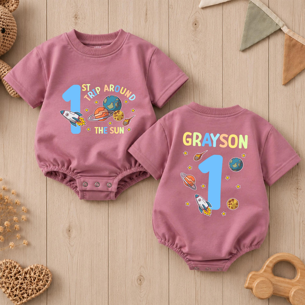 Personalized First Trip Around The Sun Baby Romper Space 1st Birthday Outfit Boy Soft Cotton Clothes Custom Name Design