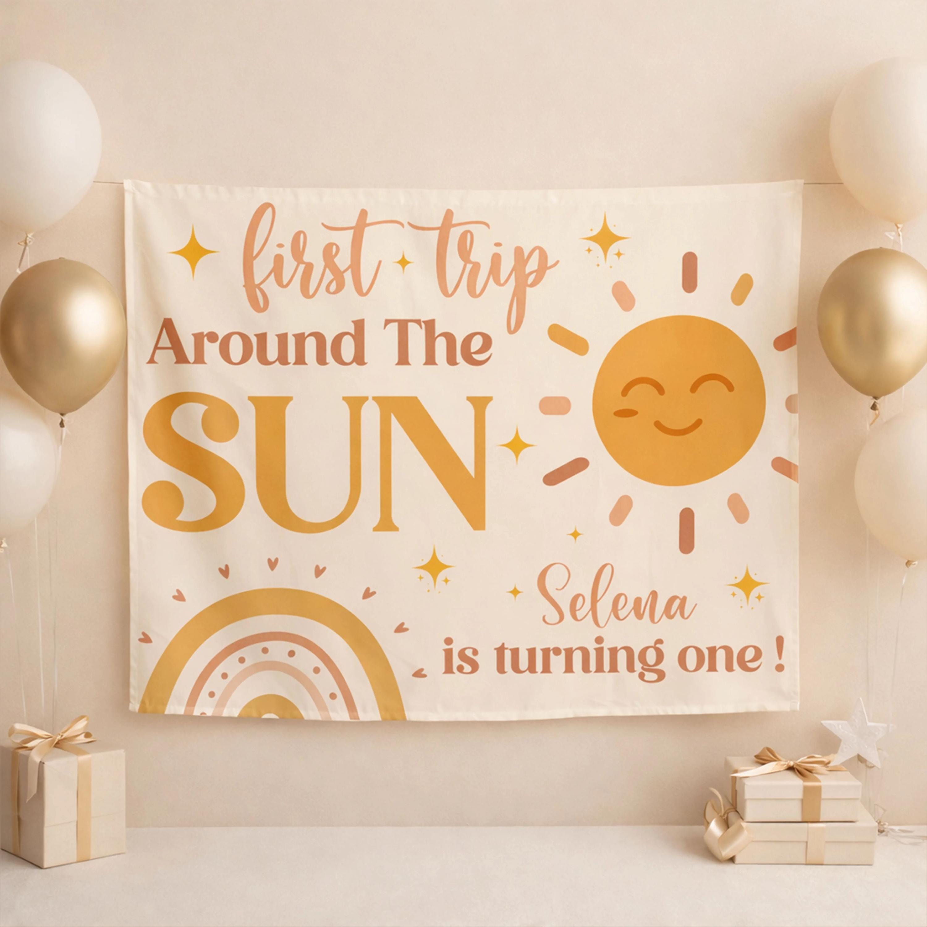 Personalized First Trip Around the Sun Banner for Baby's 1st Birthday, Boho Sun and Rainbow Decor, Neutral Party Gift for Girls or Boys