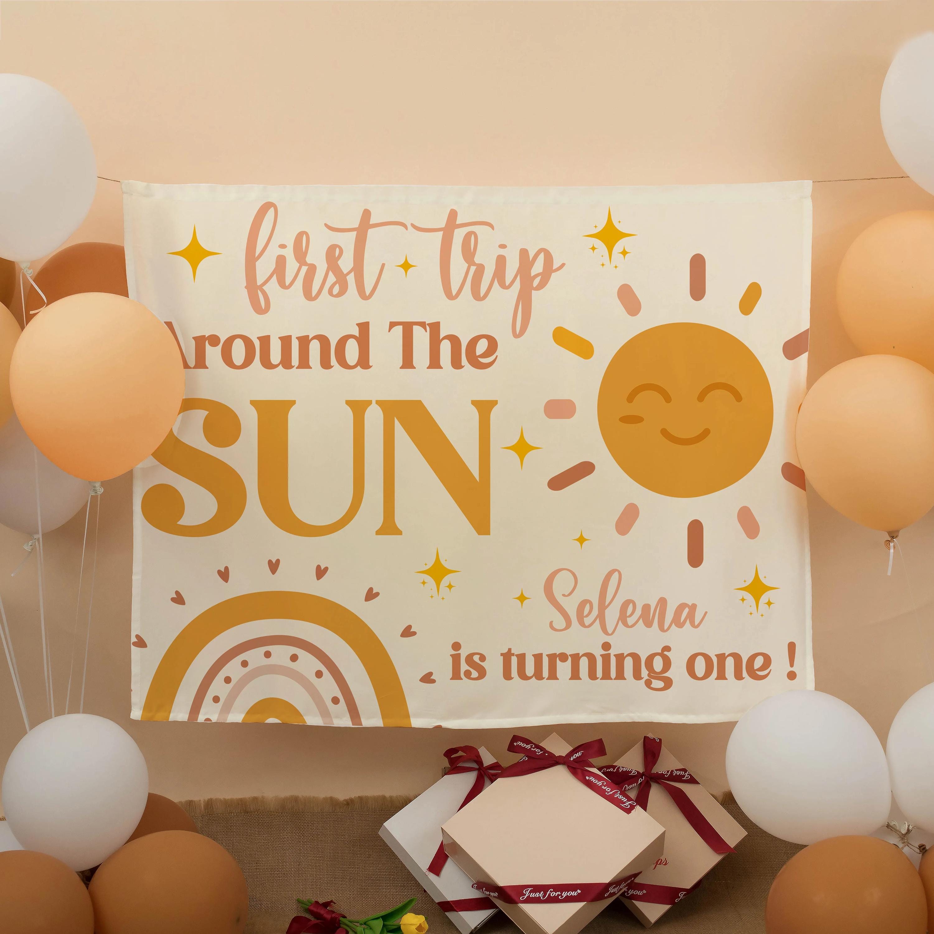 Personalized First Trip Around the Sun Banner for Baby's 1st Birthday, Boho Sun and Rainbow Decor, Neutral Party Gift for Girls or Boys