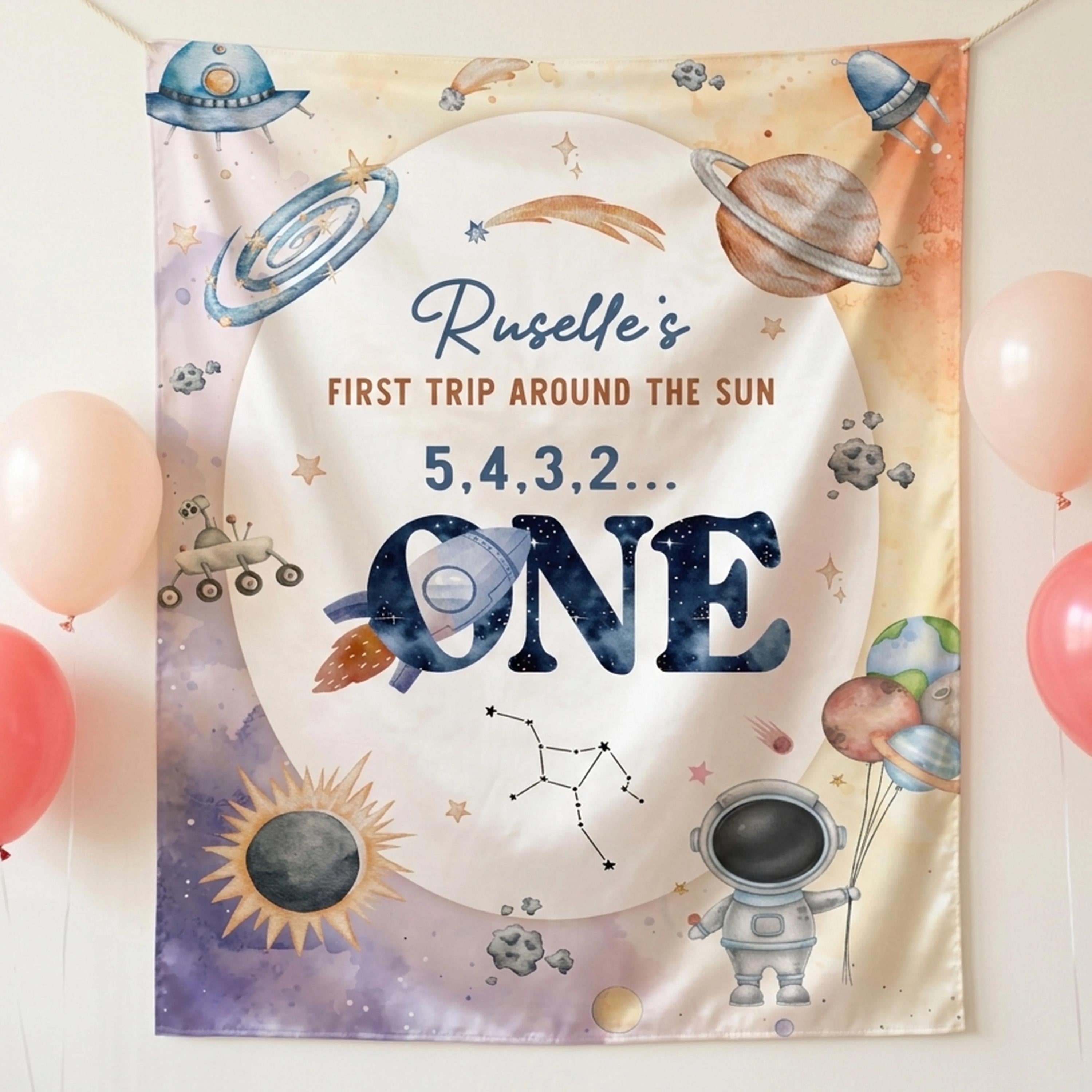 Personalized First Trip Around the Sun Birthday Banner for Baby Boy, Outer Space 1st Birthday Backdrop with Rocket, Astronaut, and Planets