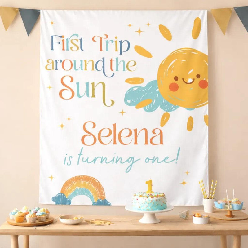 Personalized First Trip Around the Sun Birthday Banner with Rainbow and Sun Design for Baby Girl's 1st Birthday Party Decor