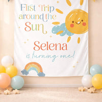 Personalized First Trip Around the Sun Birthday Banner with Rainbow and Sun Design for Baby Girl's 1st Birthday Party Decor