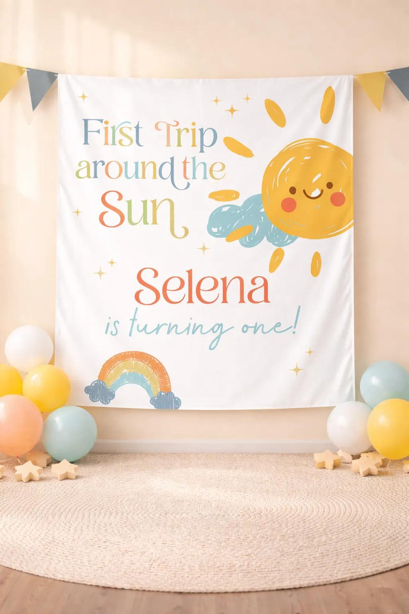 Personalized First Trip Around the Sun Birthday Banner with Rainbow and Sun Design for Baby Girl's 1st Birthday Party Decor