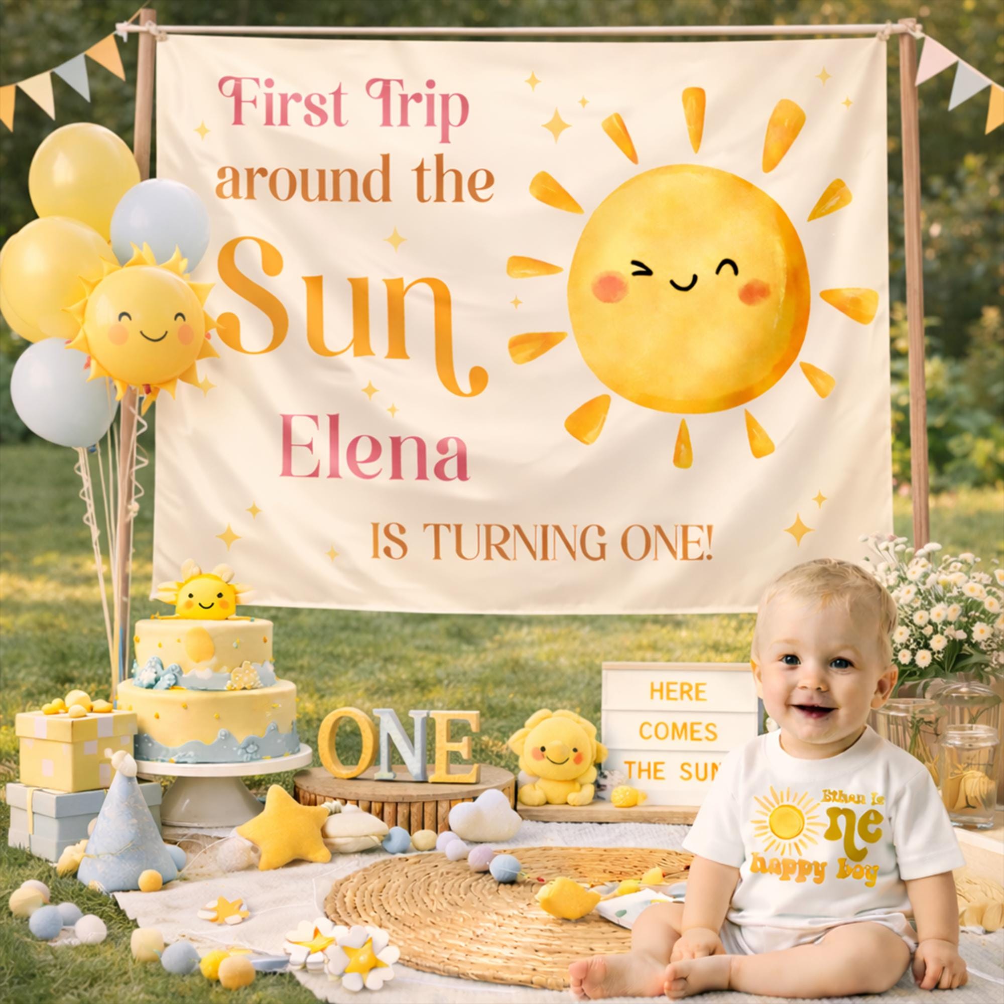 Personalized First Trip Around the Sun Birthday Outfit Baby Bubble Romper and Silk Banner Set Cheerful Sun Graphic Party Gift