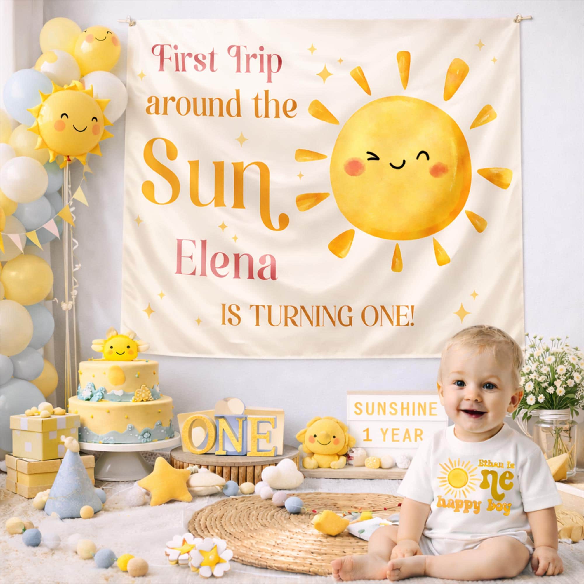 Personalized First Trip Around the Sun Birthday Outfit Baby Bubble Romper and Silk Banner Set Cheerful Sun Graphic Party Gift