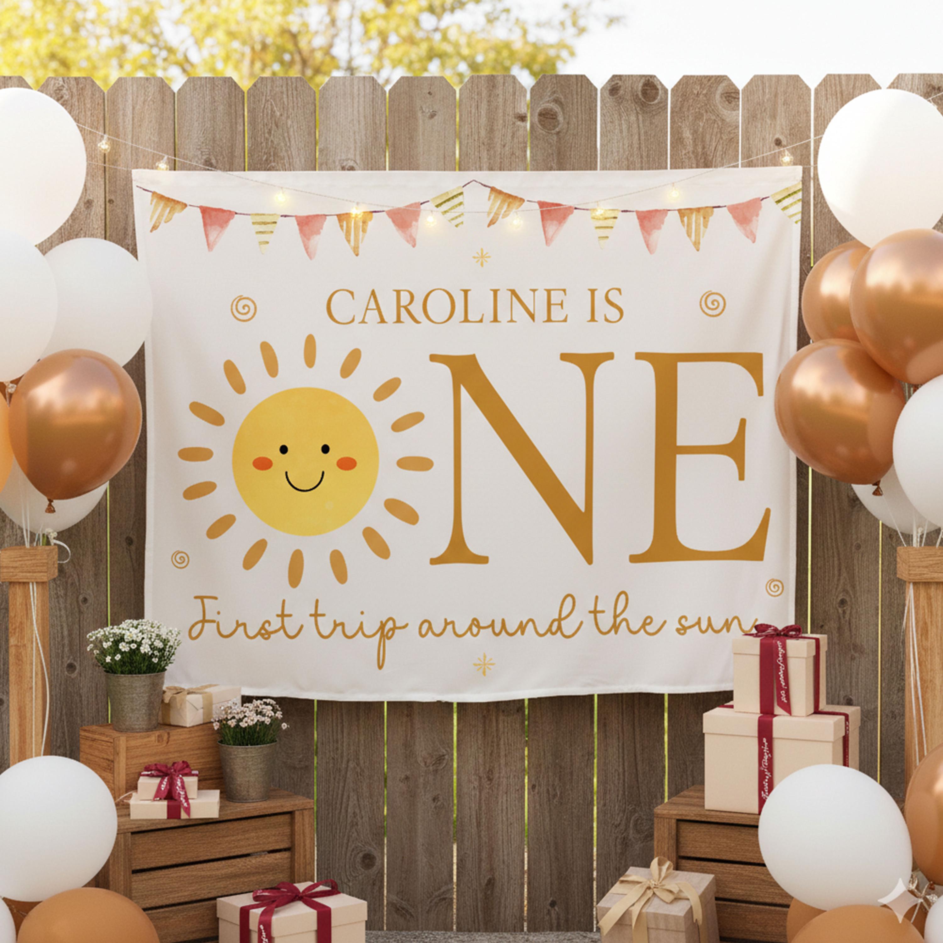 Personalized First Trip Around the Sun Silk Banner with Smiling Sun, Custom Baby Girl Birthday Photo Backdrop Boho Party Decor Warm Colors