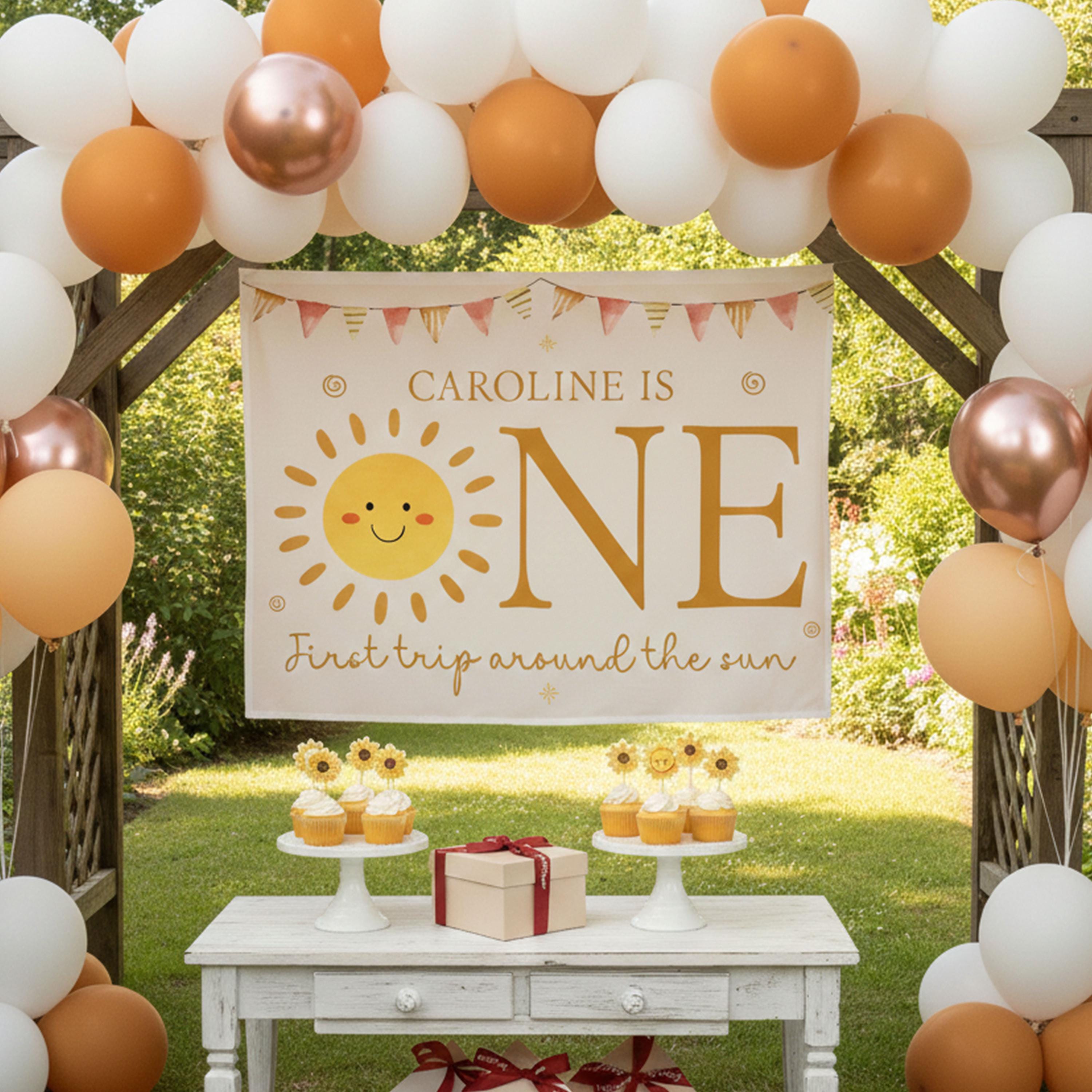 Personalized First Trip Around the Sun Silk Banner with Smiling Sun, Custom Baby Girl Birthday Photo Backdrop Boho Party Decor Warm Colors