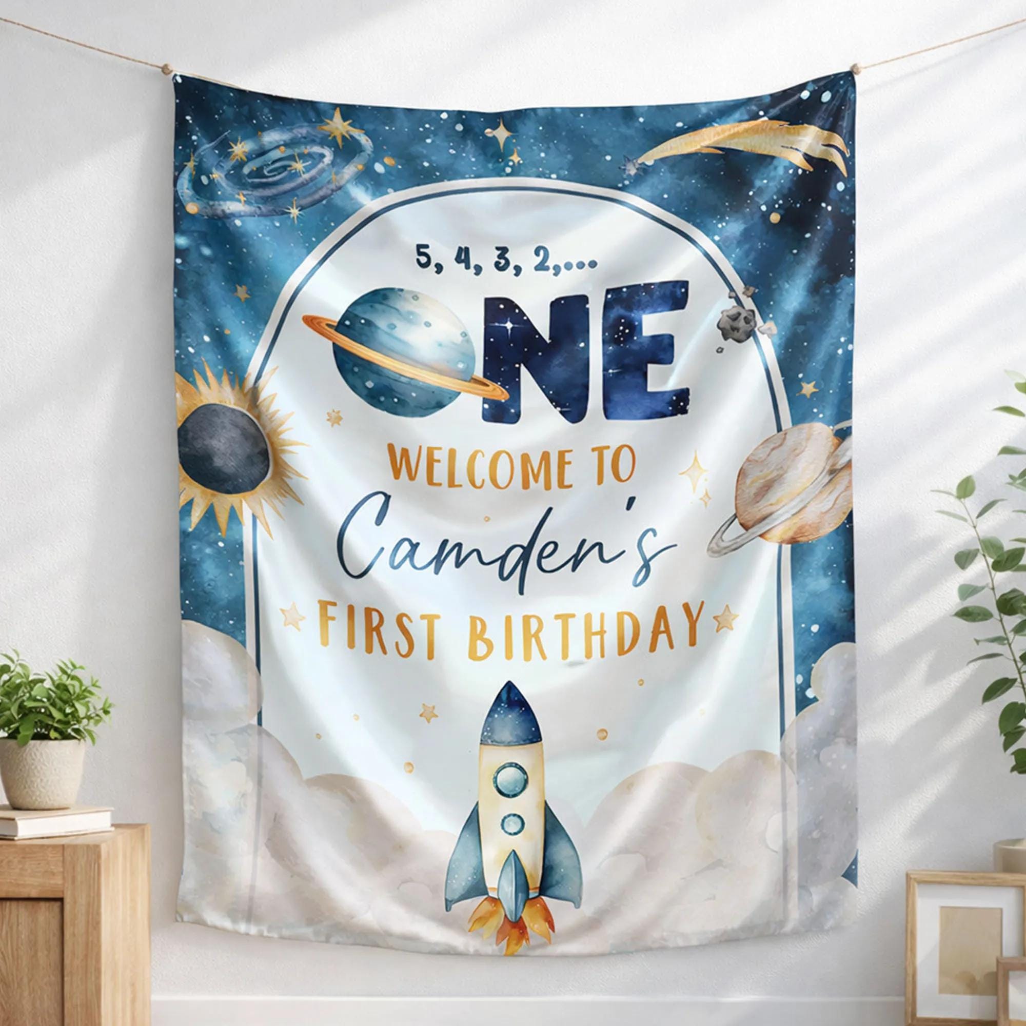 Personalized First Trip Around the Sun Space Birthday Banner Rocket Theme Party Backdrop for Baby or Toddler’s 1st Celebration Decor