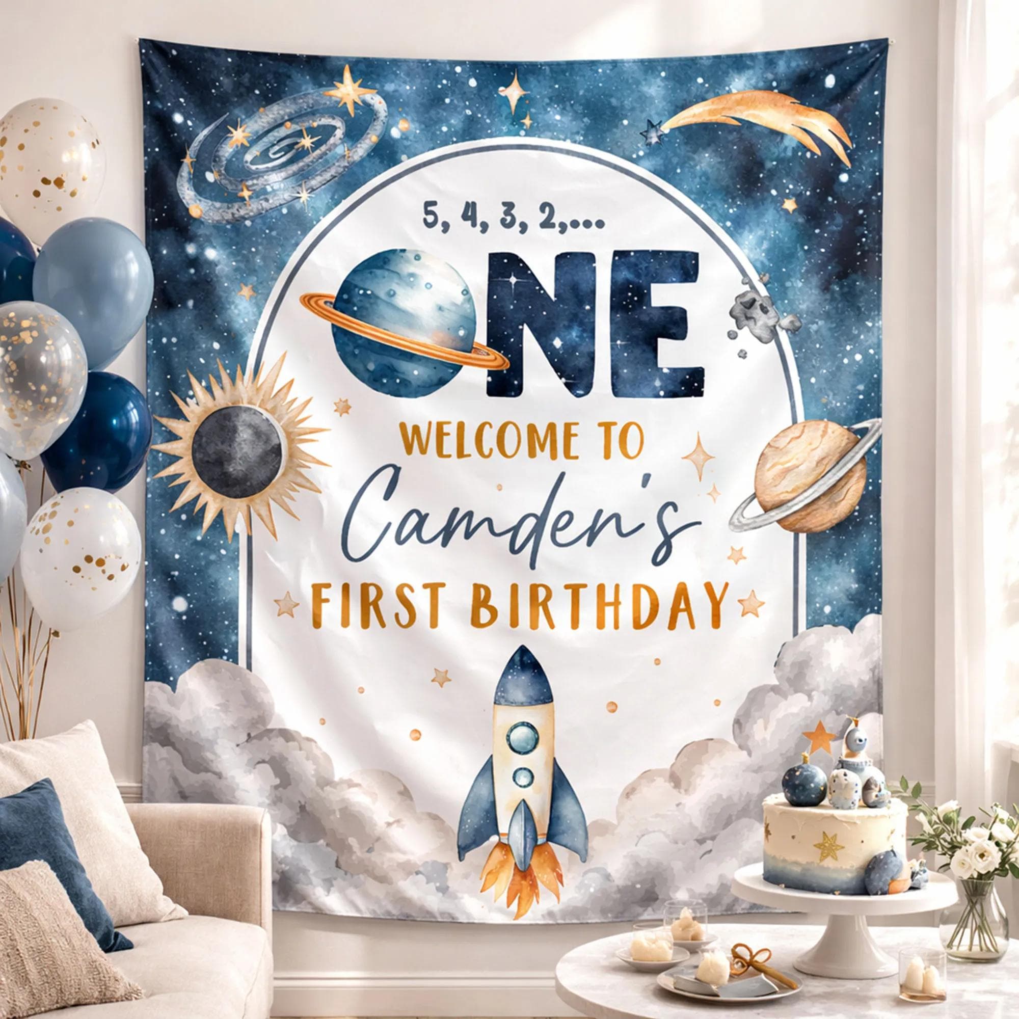 Personalized First Trip Around the Sun Space Birthday Banner Rocket Theme Party Backdrop for Baby or Toddler’s 1st Celebration Decor