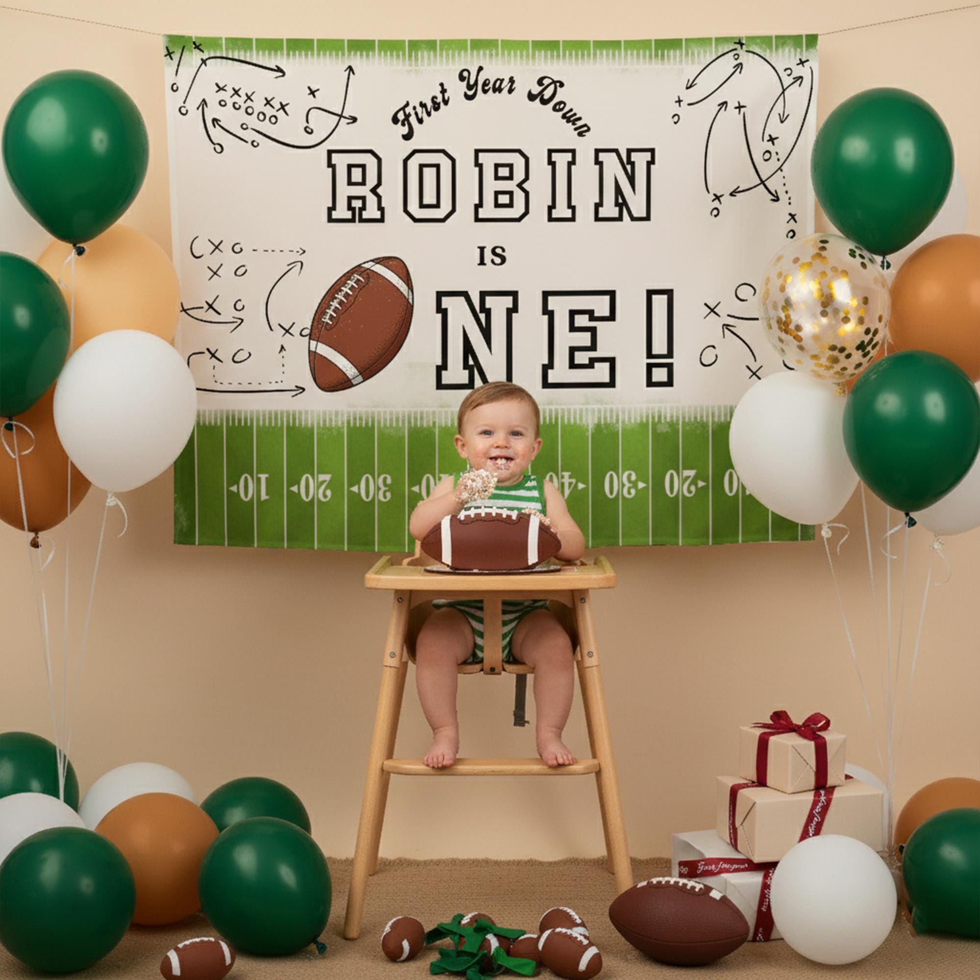 Personalized First Year Down Football Backdrop for Boy's 1st Birthday Party Decorations Cream Green Yard Line Banner with Name