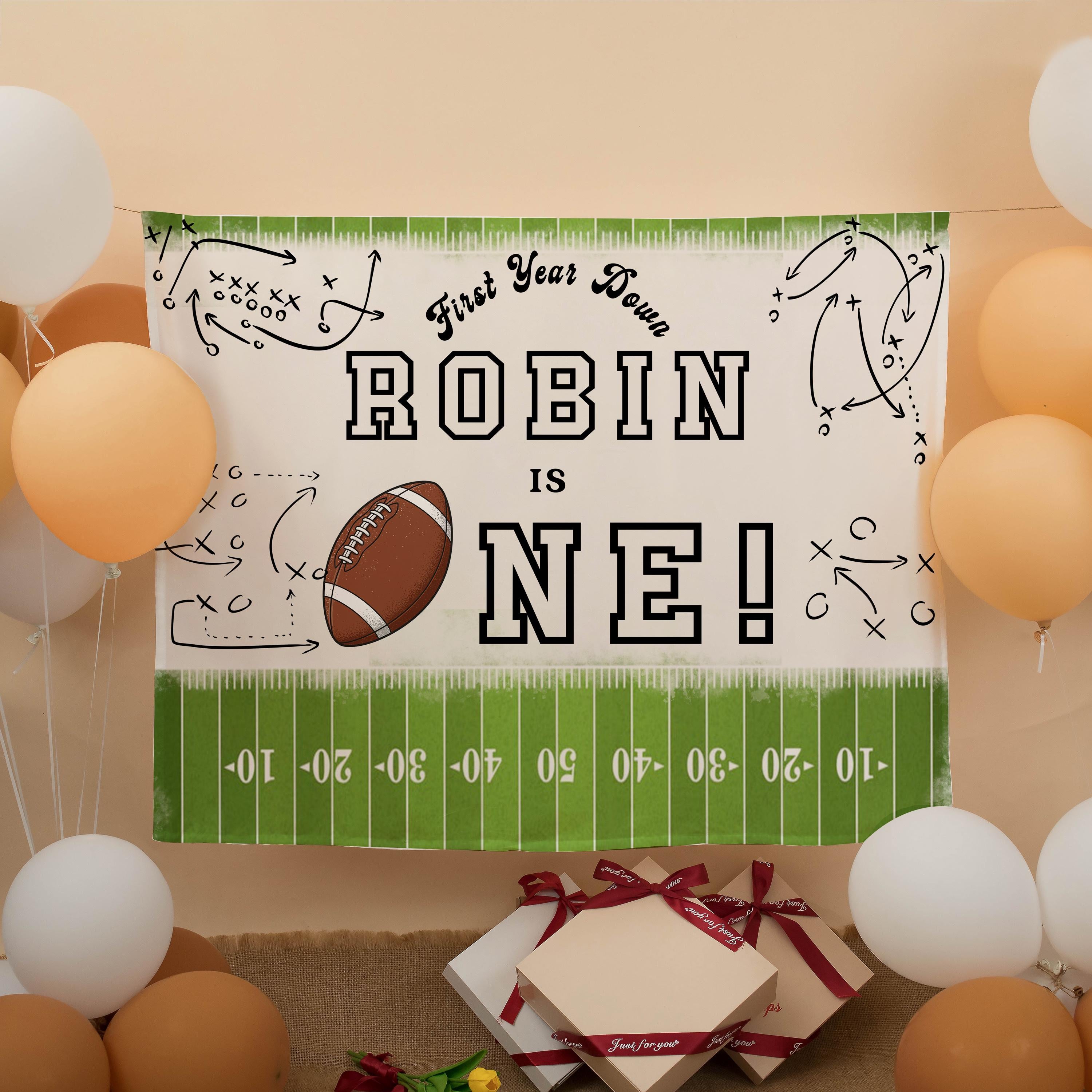 Personalized First Year Down Football Backdrop for Boy's 1st Birthday Party Decorations Cream Green Yard Line Banner with Name