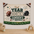 Personalized First Year Down Football Birthday Silk Banner for Boys, Custom Name Party Backdrop Decor, Green Field Design for Milestone Celebration