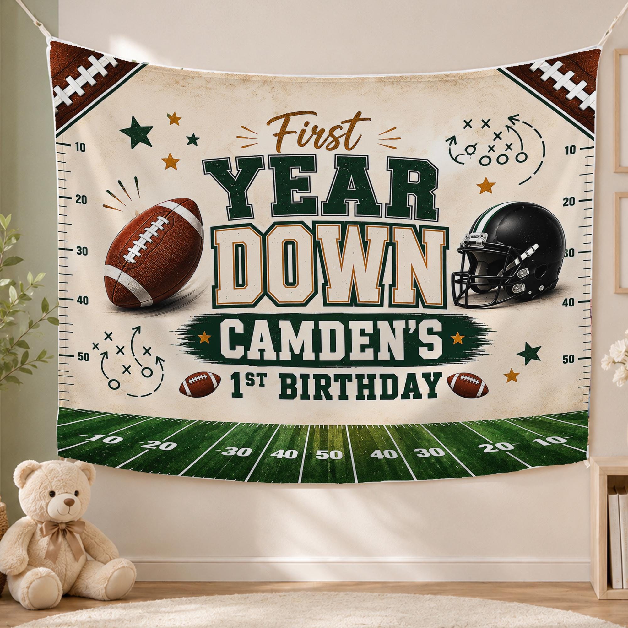 Personalized First Year Down Football Birthday Silk Banner for Boys, Custom Name Party Backdrop Decor, Green Field Design for Milestone Celebration