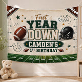 Personalized First Year Down Football Birthday Silk Banner for Boys, Custom Name Party Backdrop Decor, Green Field Design for Milestone Celebration