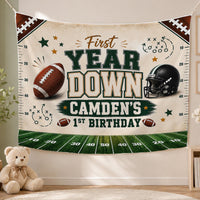 Personalized First Year Down Football Birthday Silk Banner for Boys, Custom Name Party Backdrop Decor, Green Field Design for Milestone Celebration