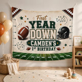 Personalized First Year Down Football Birthday Silk Banner for Boys, Custom Name Party Backdrop Decor, Green Field Design for Milestone Celebration