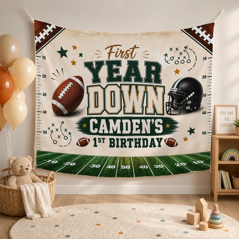 Personalized First Year Down Football Birthday Silk Banner for Boys, Custom Name Party Backdrop Decor, Green Field Design for Milestone Celebration
