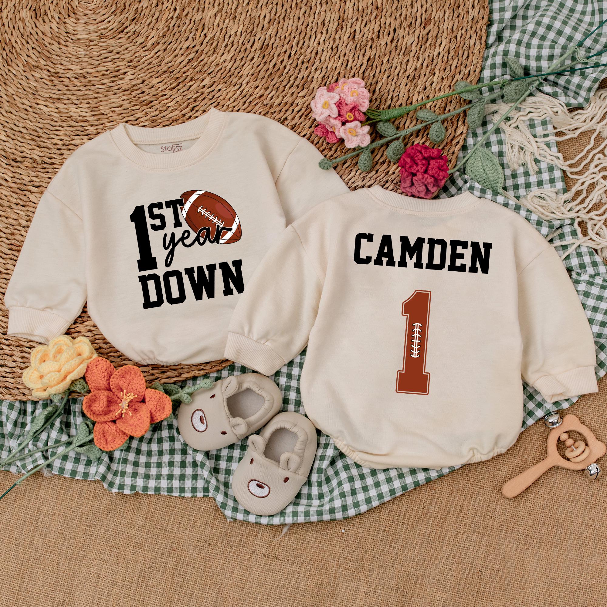 Personalized First Year Down Football Romper Baby Birthday Outfit Custom Name Boy Clothes Playful Sporty Theme