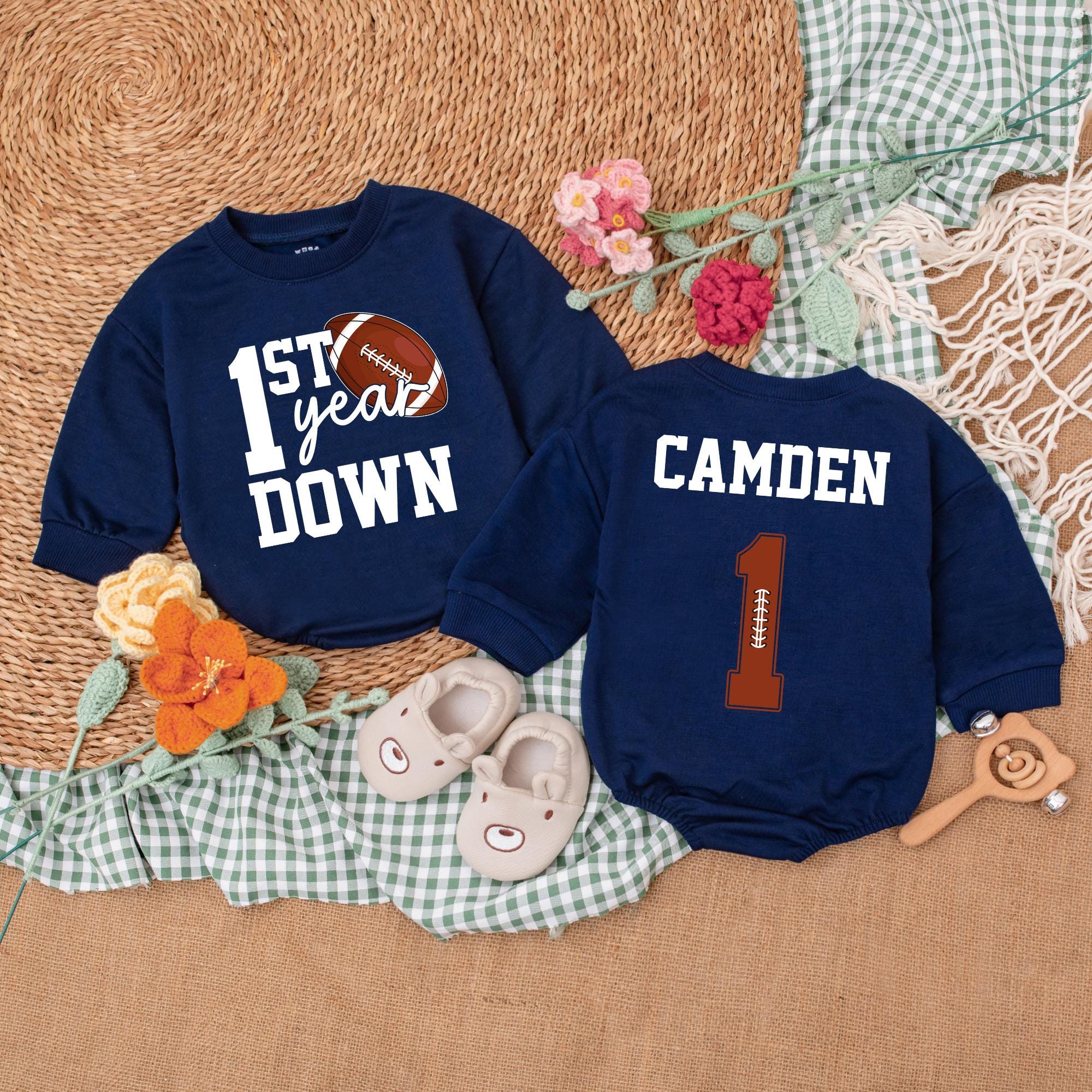 Personalized First Year Down Football Romper Baby Birthday Outfit Custom Name Boy Clothes Playful Sporty Theme