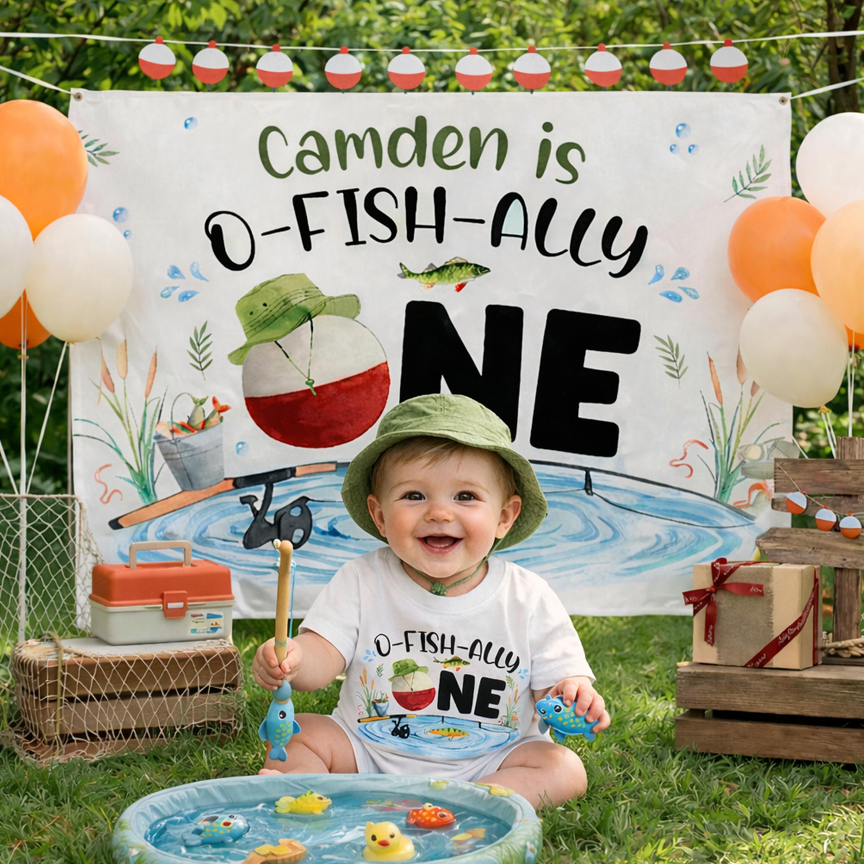 Personalized O-Fish-Ally One 1st Birthday Outfit for Baby Boy with Fishing Themed Romper and Silk Banner Custom Party Decoration Gift