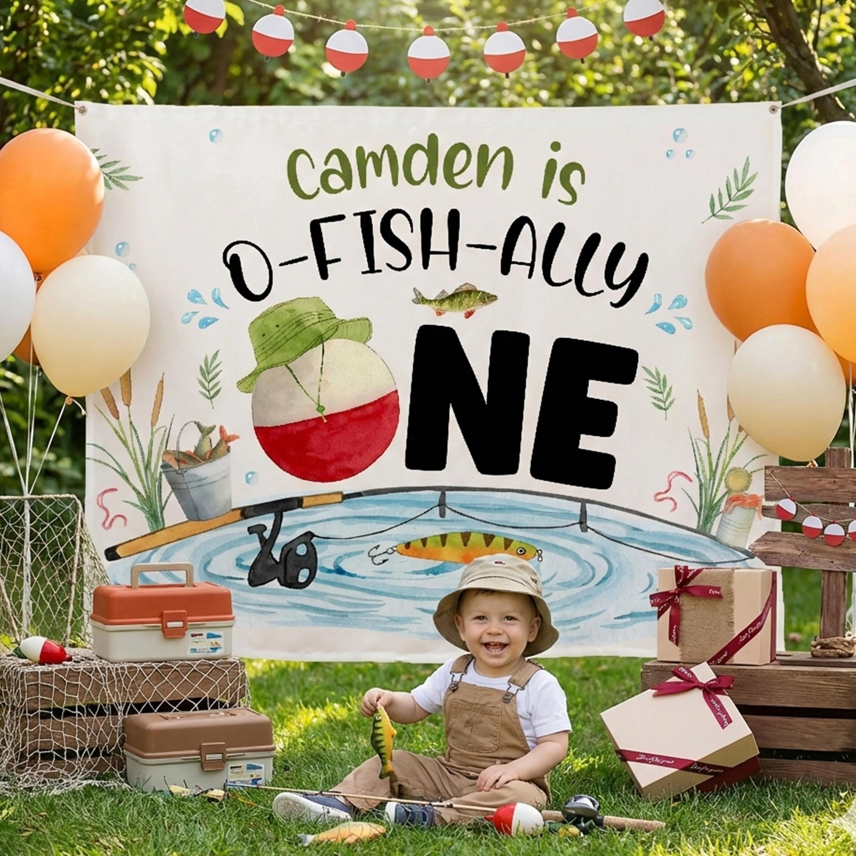 Personalized O-Fish-Ally One 1st Birthday Outfit for Baby Boy with Fishing Themed Romper and Silk Banner Custom Party Decoration Gift