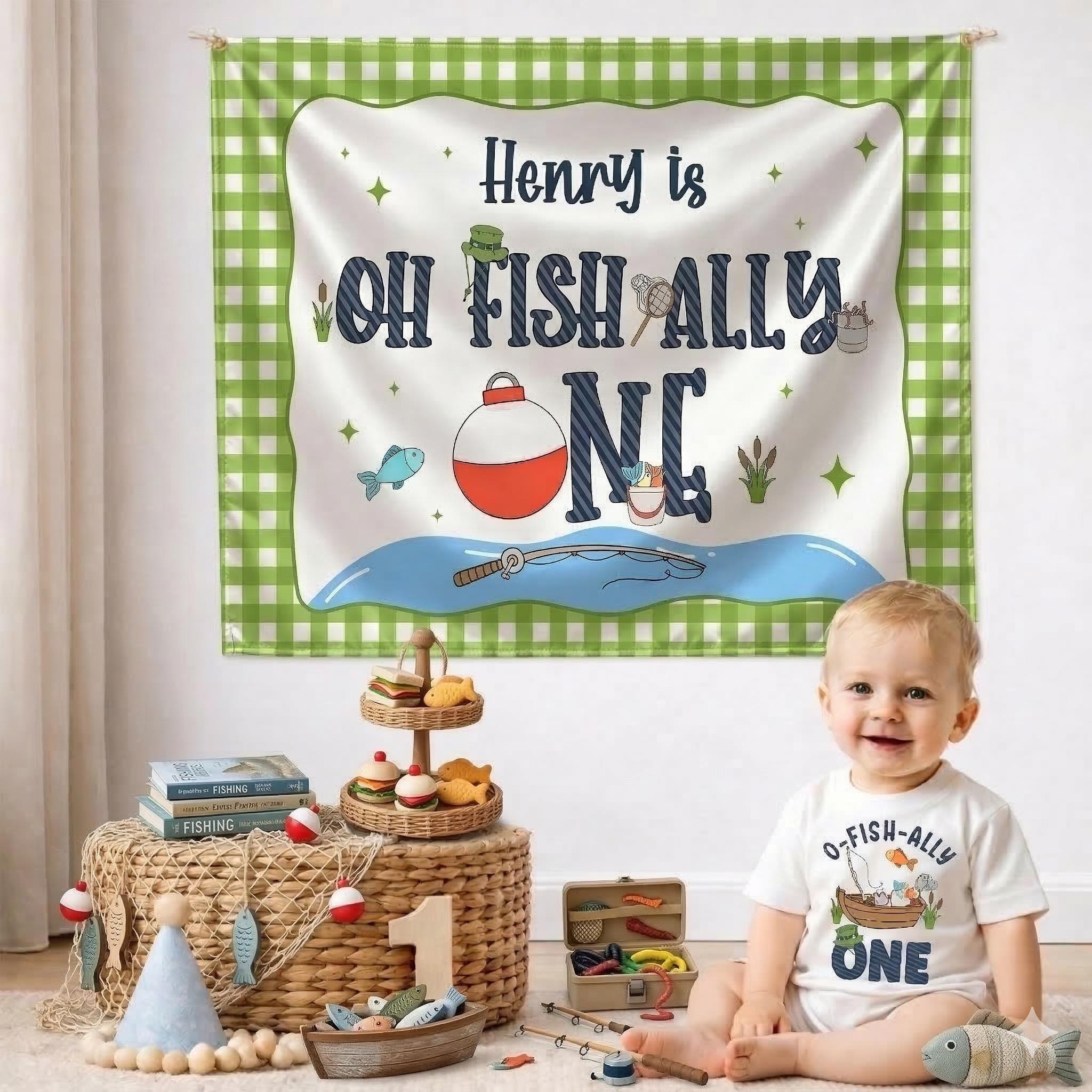 Personalized O-Fish-Ally One Birthday Bubble Romper and Banner Set for Baby Boy Fishing Themed First Birthday Celebration Gift