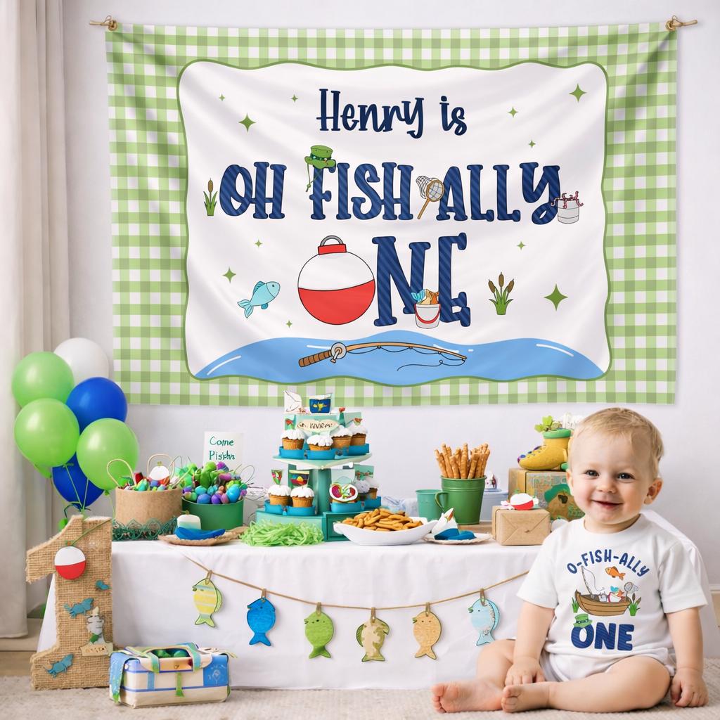 Personalized O-Fish-Ally One Birthday Bubble Romper and Banner Set for Baby Boy Fishing Themed First Birthday Celebration Gift