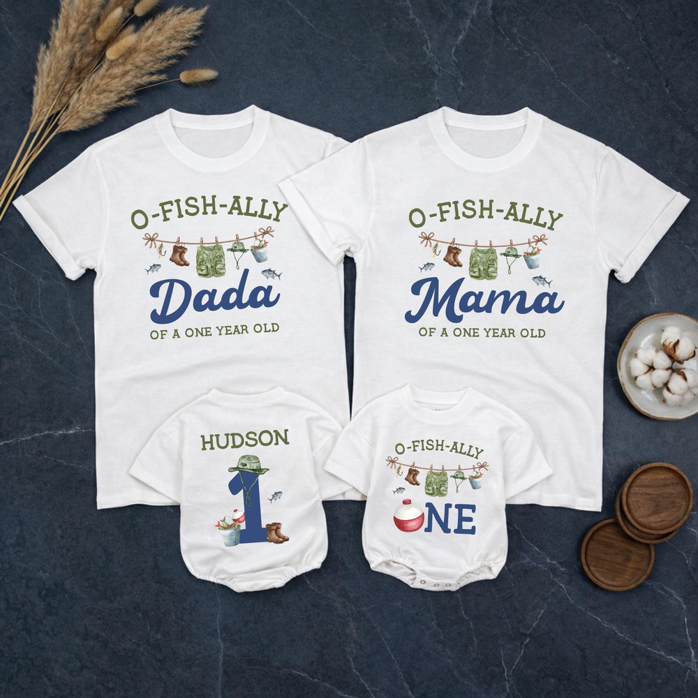 Personalized O-Fish-Ally One Family Shirts Fishing First Birthday Outfit Custom Toddler Romper Baby Boy Girl Party Gift Matching Tees