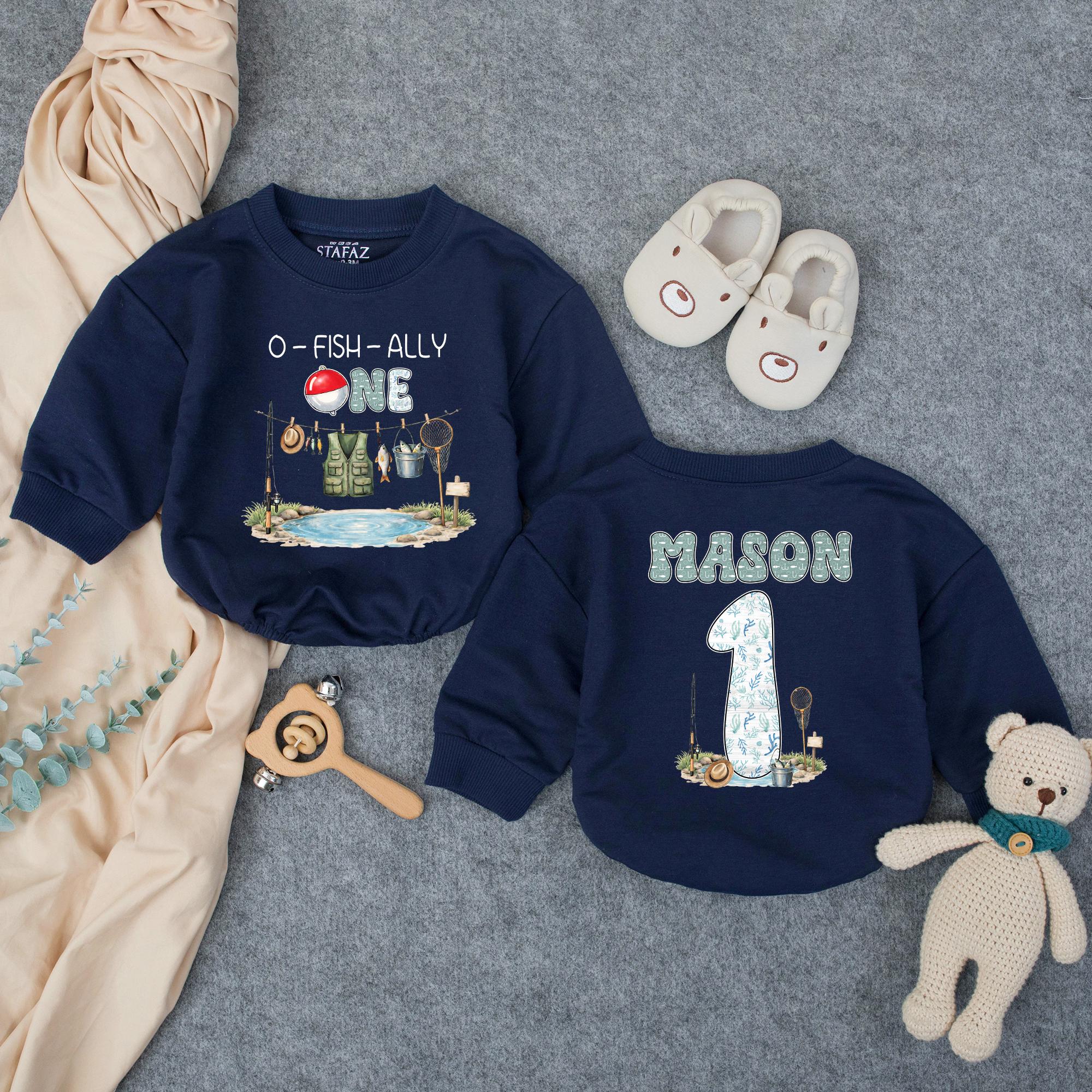 Personalized O-Fish-Ally One Fishing Birthday Romper for Baby Boy, Custom Name First Birthday Outfit with Bobber and Gear Illustration