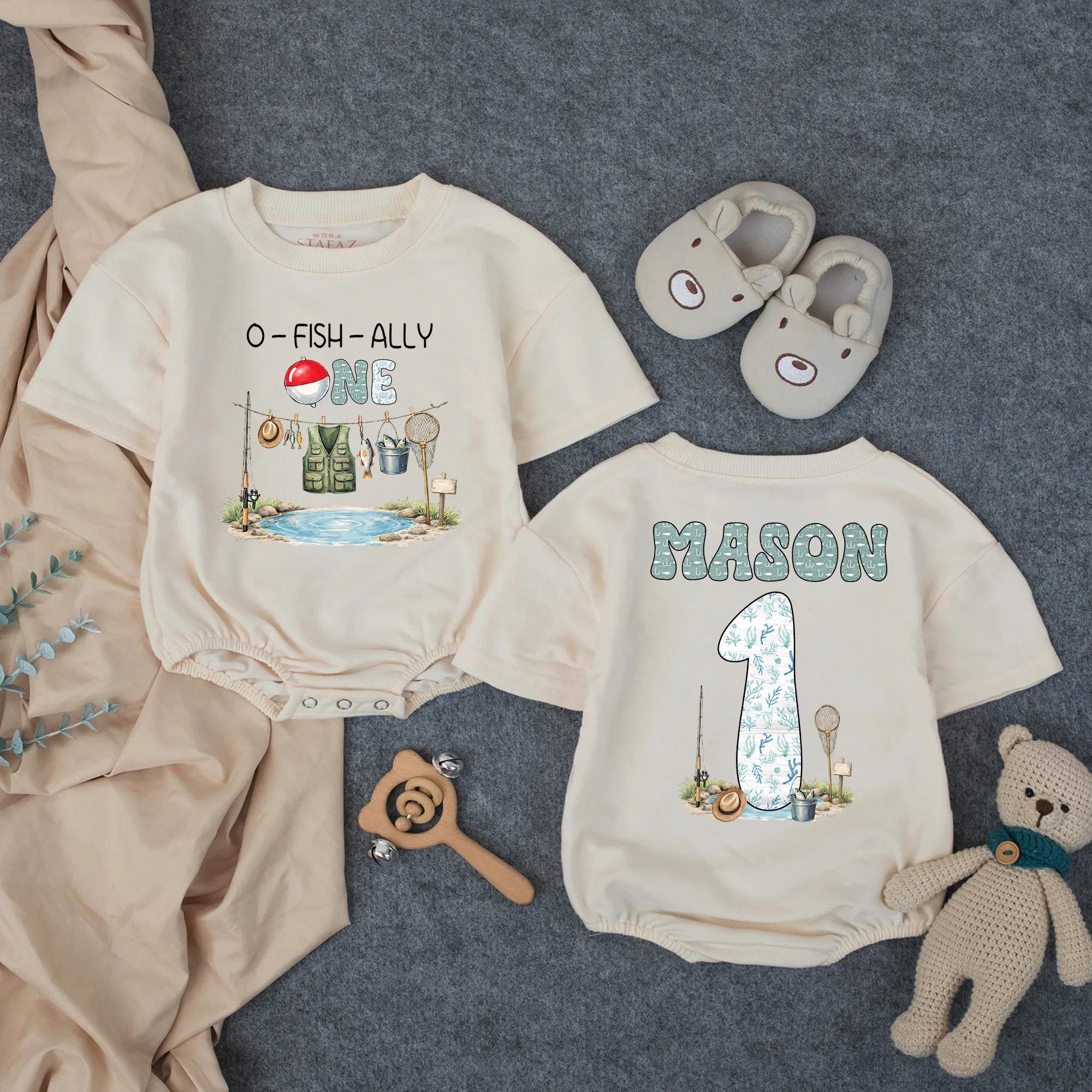 Personalized O-Fish-Ally One Fishing Birthday Romper for Baby Boy, Custom Name First Birthday Outfit with Bobber and Gear Illustration