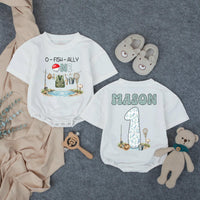 Personalized O-Fish-Ally One Fishing Birthday Romper for Baby Boy, Custom Name First Birthday Outfit with Bobber and Gear Illustration