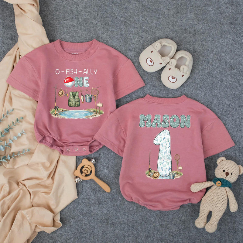 Personalized O-Fish-Ally One Fishing Birthday Romper for Baby Boy, Custom Name First Birthday Outfit with Bobber and Gear Illustration
