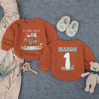 Personalized O-Fish-Ally One Fishing Birthday Romper for Baby Boy, Custom Name First Birthday Outfit with Bobber and Gear Illustration