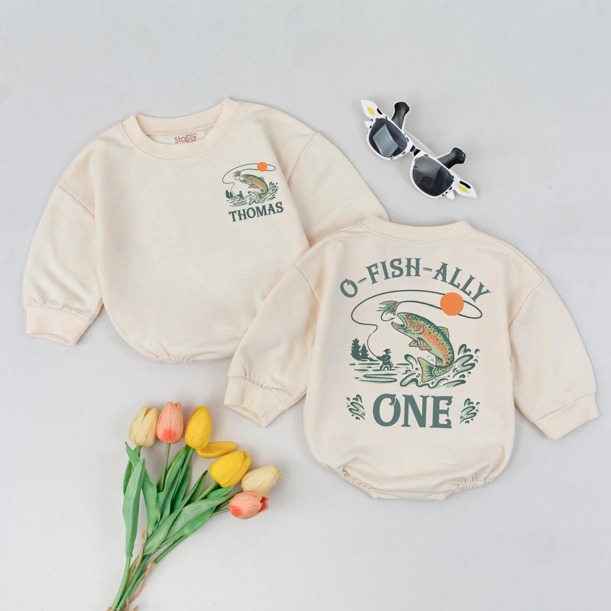 Personalized O-Fish-Ally One Fishing Birthday Romper Baby Outfit with Custom Name Nostalgic Outdoorsy Design for First Birthday Gift