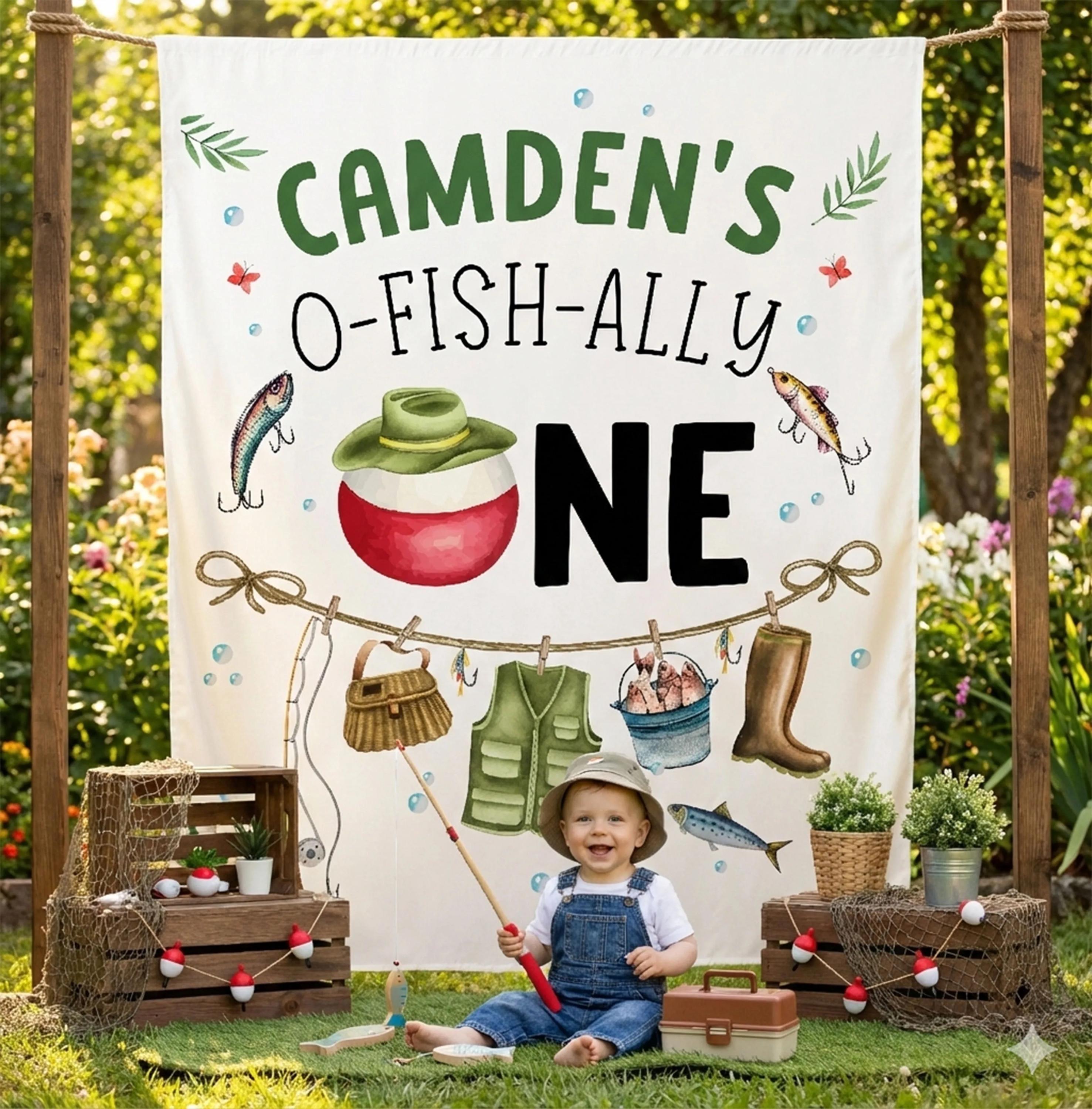 Personalized Fishing 1st Birthday Banner for Boys, O-Fish-Ally One Party Decor with Bobber, Tackle Vest and Boots Custom Photo Backdrop