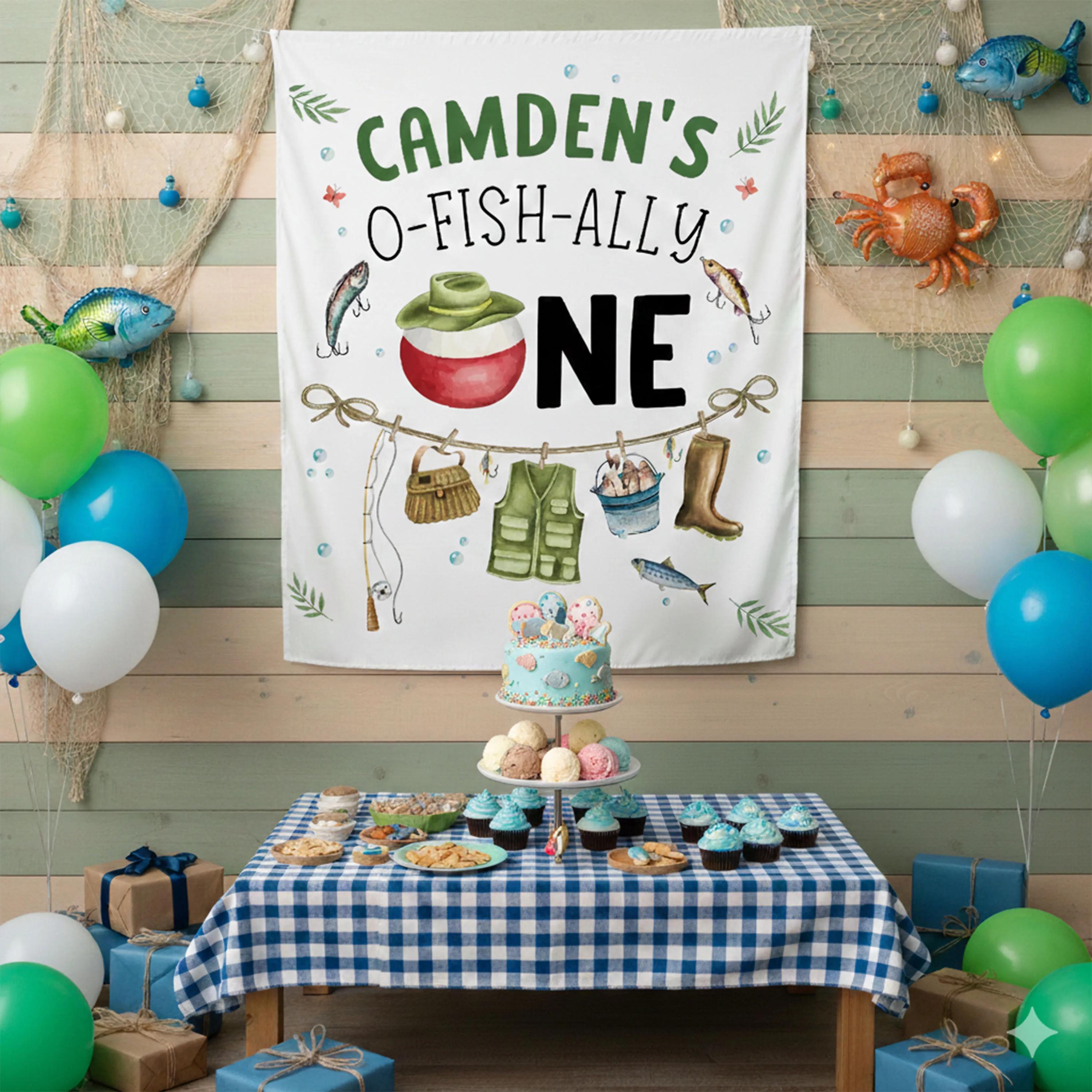 Personalized Fishing 1st Birthday Banner for Boys, O-Fish-Ally One Party Decor with Bobber, Tackle Vest and Boots Custom Photo Backdrop