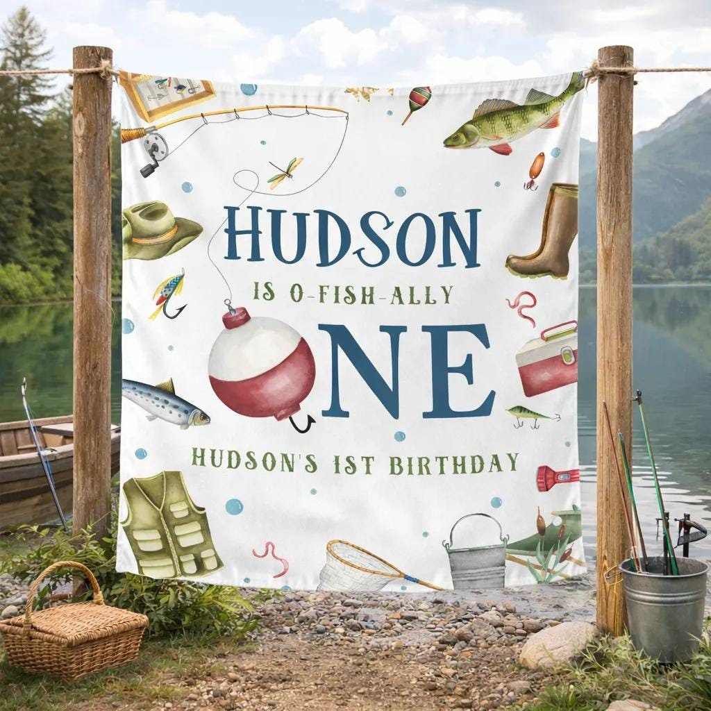 Personalized Fishing 1st Birthday Banner with Name Hudson O-Fish-Ally One Party Backdrop Custom Birthday Sign Rustic Watercolor Decor