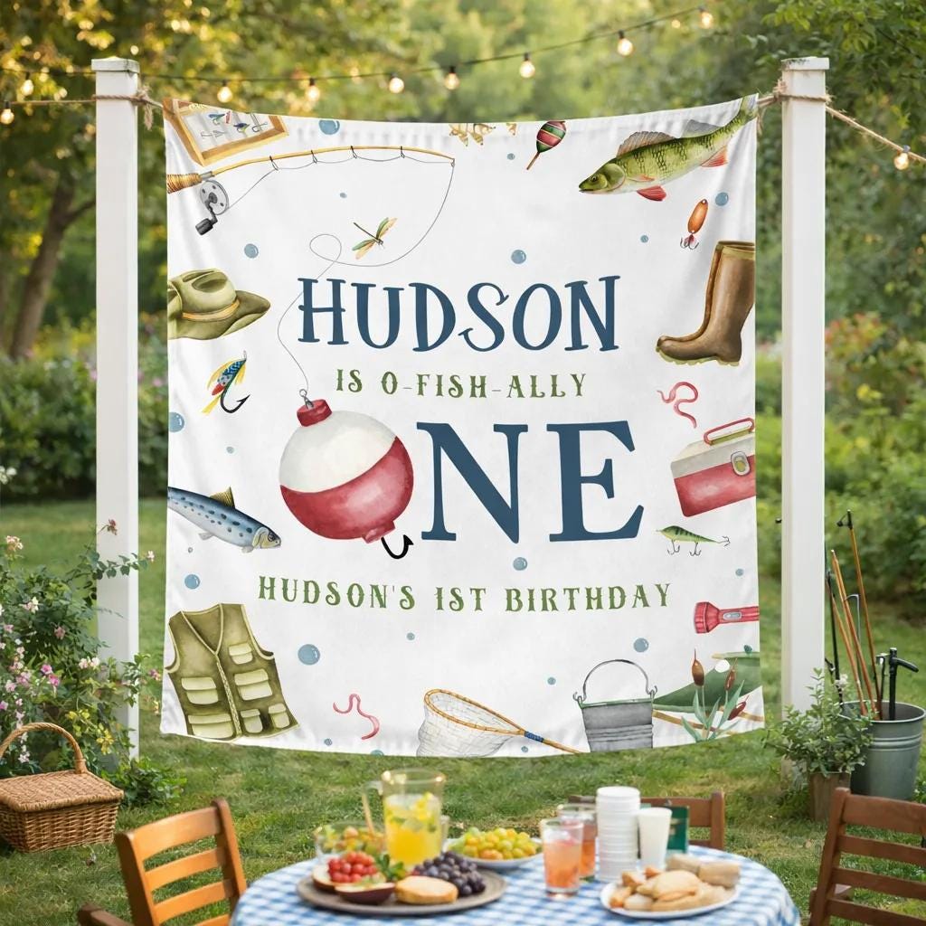 Personalized Fishing 1st Birthday Banner with Name Hudson O-Fish-Ally One Party Backdrop Custom Birthday Sign Rustic Watercolor Decor