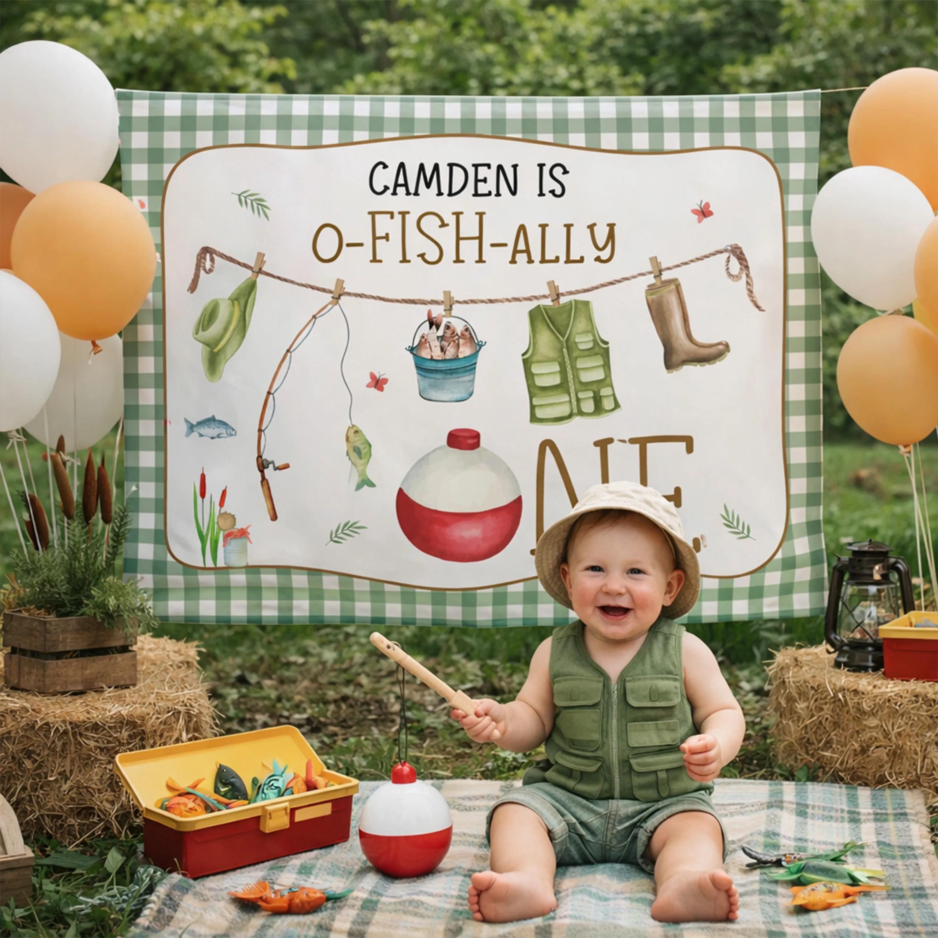 Personalized Fishing 1st Birthday Silk Banner with Reel One Design, Custom Party Photo Backdrop, White Panel and Brown Outline Decor