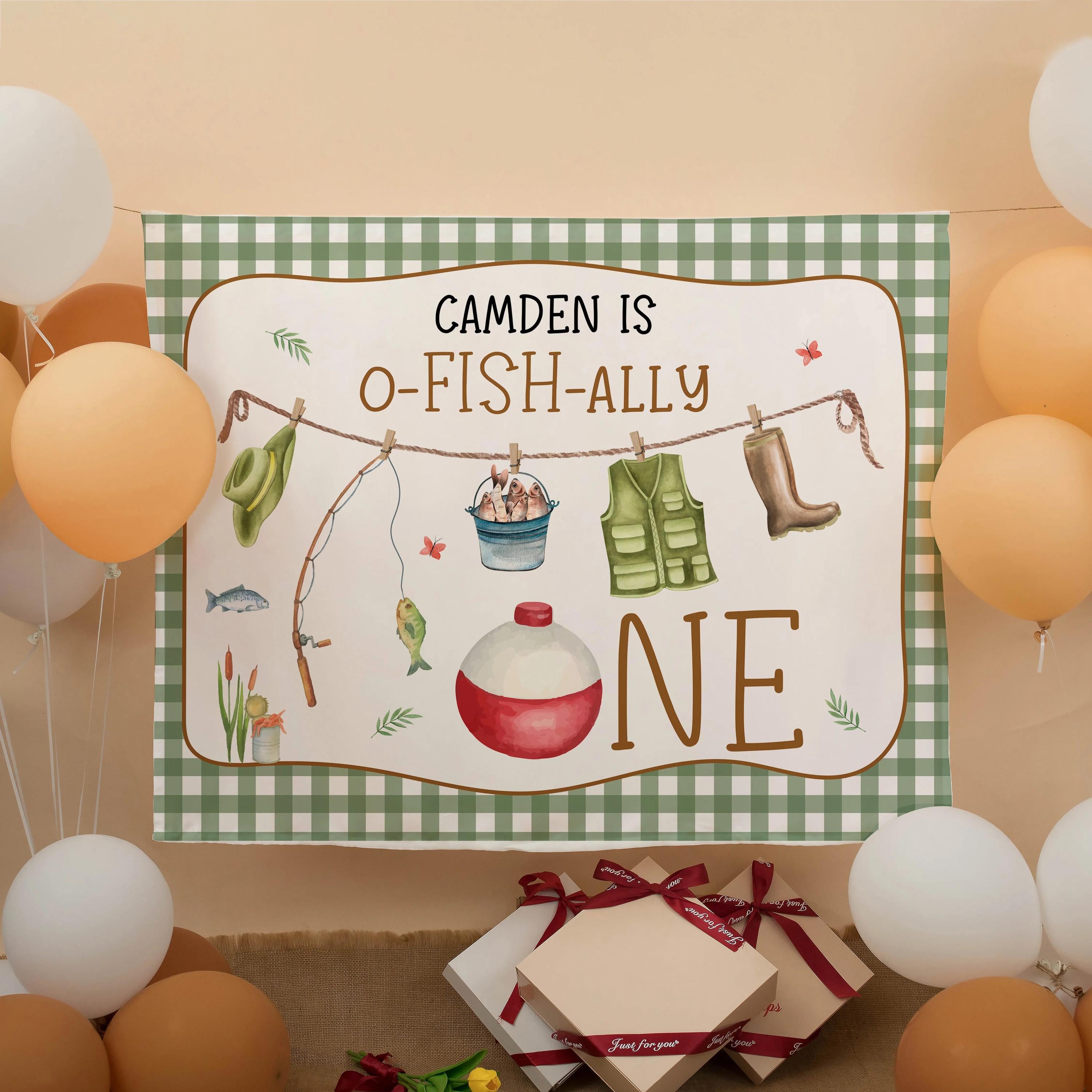 Personalized Fishing 1st Birthday Silk Banner with Reel One Design, Custom Party Photo Backdrop, White Panel and Brown Outline Decor