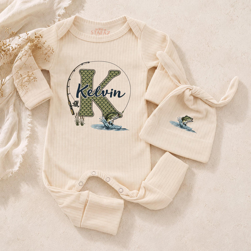 Personalized Fishing Baby Bodysuit & Hat Set with Custom Name, Soft Cotton Outfit for Baby Boys, Perfect for Newborn Gifts & Milestone Photos