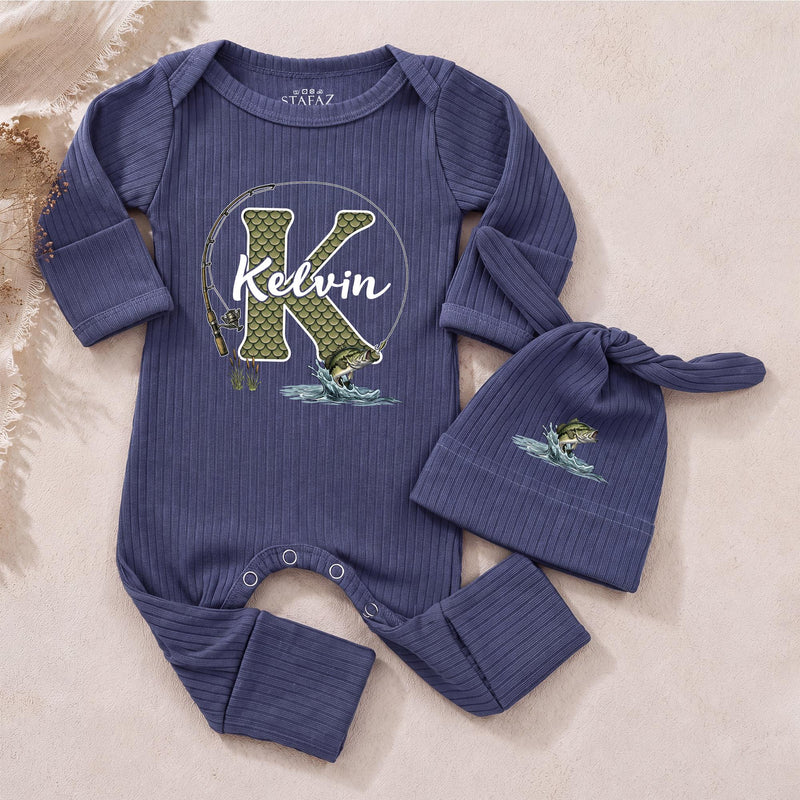 Personalized Fishing Baby Bodysuit & Hat Set with Custom Name, Soft Cotton Outfit for Baby Boys, Perfect for Newborn Gifts & Milestone Photos