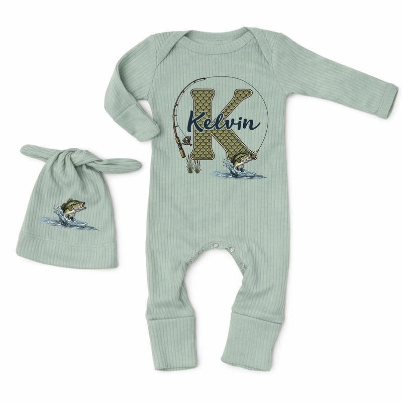 Personalized Fishing Baby Bodysuit & Hat Set with Custom Name, Soft Cotton Outfit for Baby Boys, Perfect for Newborn Gifts & Milestone Photos