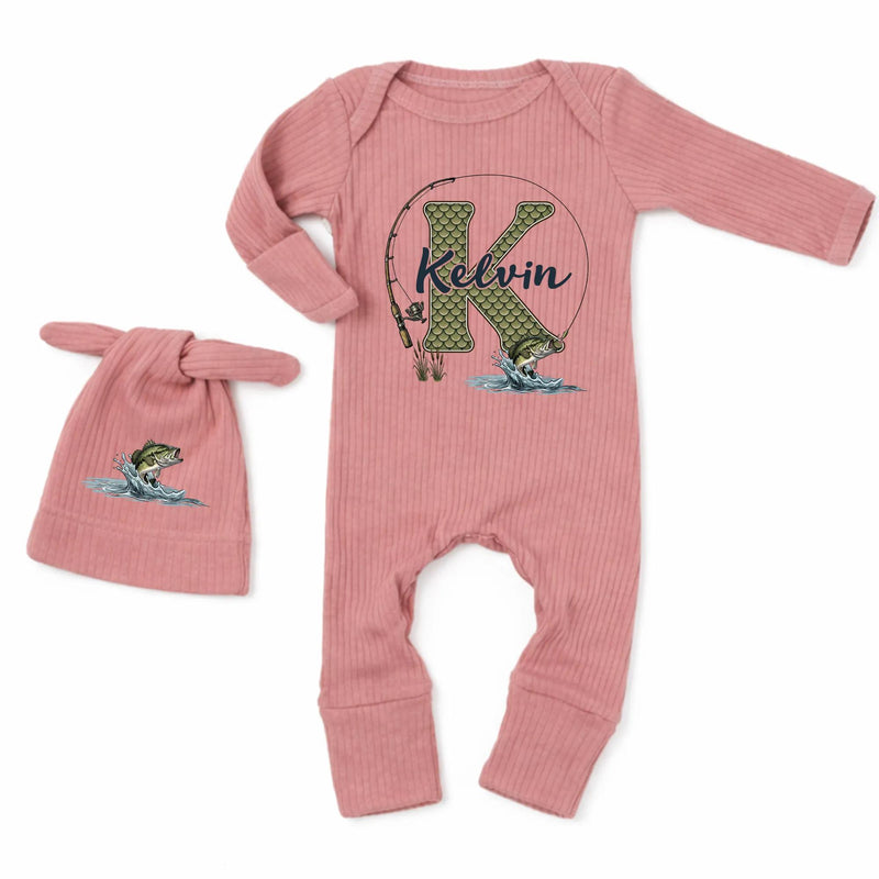 Personalized Fishing Baby Bodysuit & Hat Set with Custom Name, Soft Cotton Outfit for Baby Boys, Perfect for Newborn Gifts & Milestone Photos