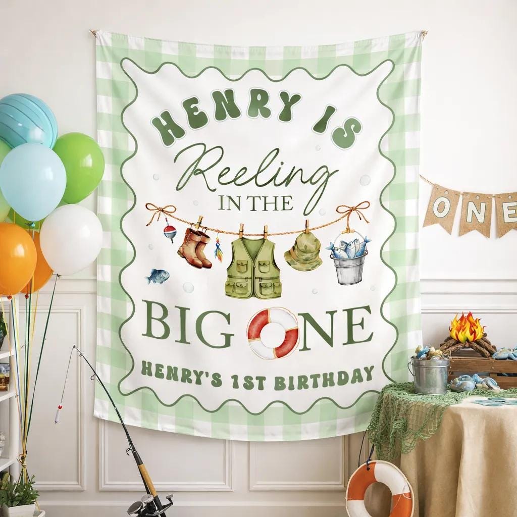 Personalized Fishing First Birthday Banner with Light Green Gingham Check, Custom Name Party Backdrop for Baby Boy or Toddler Celebration