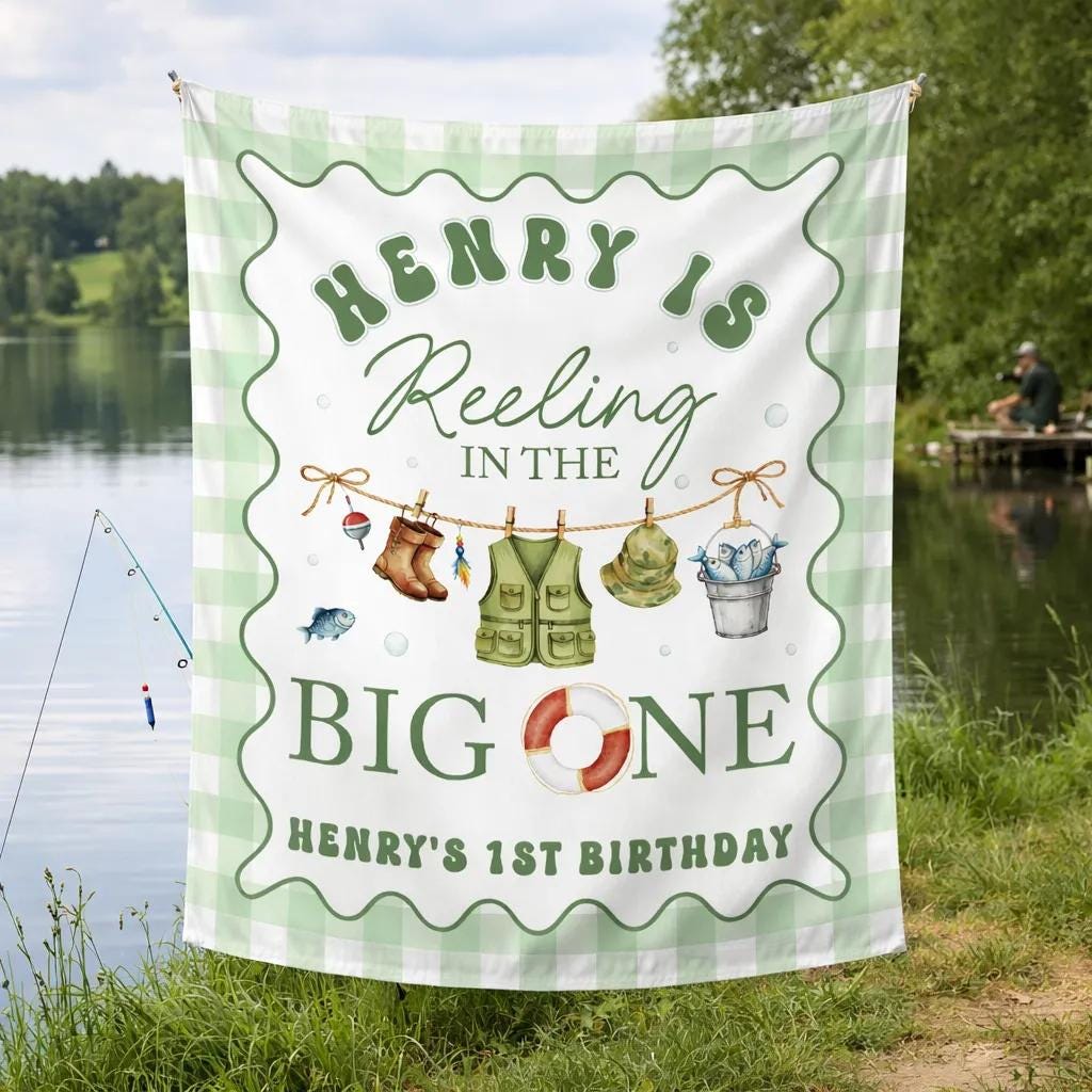Personalized Fishing First Birthday Banner with Light Green Gingham Check, Custom Name Party Backdrop for Baby Boy or Toddler Celebration