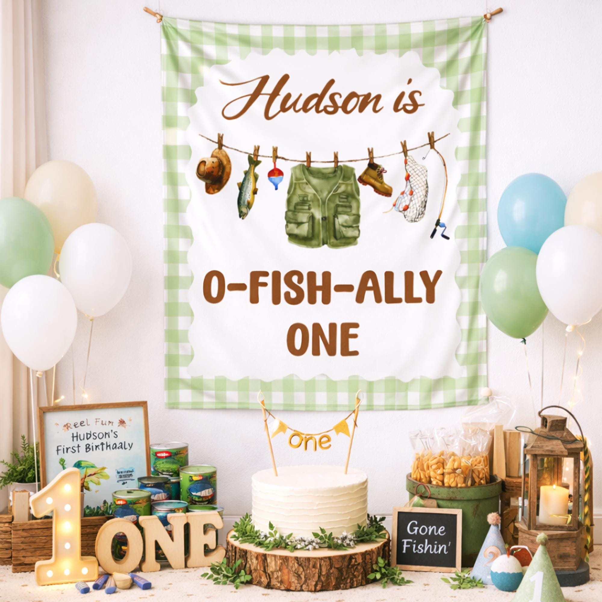 Personalized Fishing First Birthday Banner with Name Hudson, Rustic Green Gingham Border and Clothesline Design, O-Fish-Ally One Party Backdrop